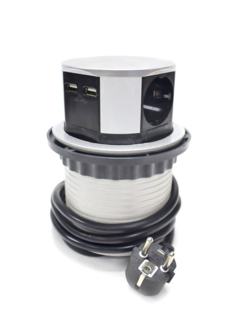 CHOWANE GNIAZDO STOŁOWE 4 GNIAZDA Z USB SREBRNE 1,5 M DO BIURA I DOMU