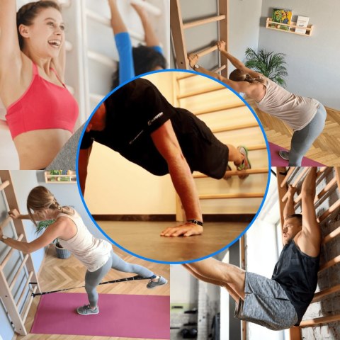 Drabinka gimnastyczna drewniana 220 cm stabilna z huśtawką drążkiem lina Drabinka gimnastyczna drewniana 220 cm stabilna z huśtawką drążkiem lina
