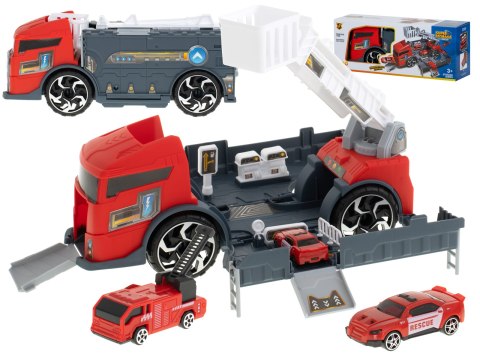 TIR laweta ciężarówka samochód transporter naczepa 2w1 parking resoraki straż pożarna 2 auta czerwone Kik Sp. z o. o. Sp. k. TIR laweta ciężarówka samochód transporter naczepa 2w1 parking resoraki straż pożarna 2 auta czerwone Kik Sp. z o. o. Sp. k.