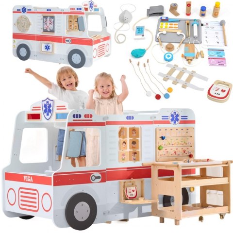 Viga Toys VIGA Duży Drewniany Ambulans Zestaw Karetka Małych Ratowników Akcesoria 25 el.