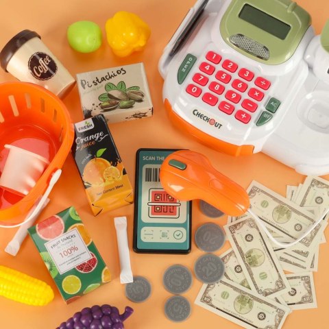 Kasa fiskalna dla dzieci supermarket sklep skaner kalkulator koszyk z akcesoriami 36 el. Kik Sp. z o. o. Sp. k. Kasa fiskalna dla dzieci supermarket sklep skaner kalkulator koszyk z akcesoriami 36 el. Kik Sp. z o. o. Sp. k.