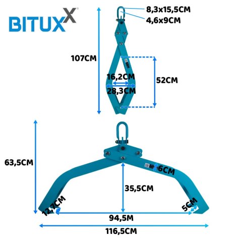 Bituxx Szczypce do Chwytania i Transportu Pni Udźwig 1500kg Szerokie Szczęki 850mm Bituxx Szczypce do Chwytania i Transportu Pni Udźwig 1500kg Szerokie Szczęki 850mm