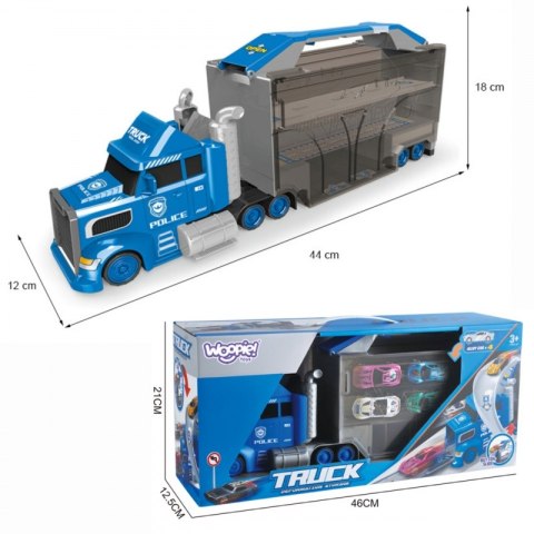 Woopie WOOPIE Ciężarówka Policyjna 4w1 Transporter Garaż Tor Samochodowy Wyrzutnia