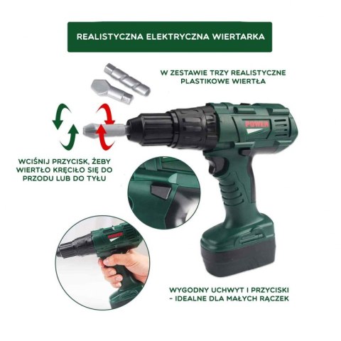 Woopie WOOPIE Duża Skrzynka z Narzędziami dla Dzieci Zestaw Majsterkowicza Wkrętarko-Wiertarka 15 el.