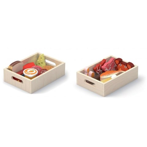 Viga Toys VIGA Drewniany Zestaw Artykułów Spożywczych w Skrzynkach Śniadanie Ryby Mięso Nabiał