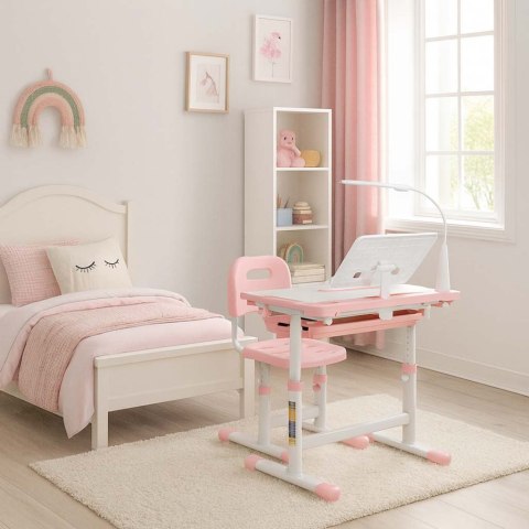 Biurko dziecięce szkolne regulowane krzesło lampka LED USB różowe Kik Sp. z o. o. Sp. k.