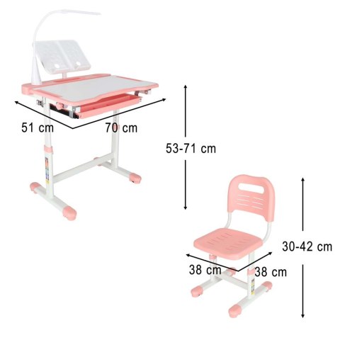 Biurko dziecięce szkolne regulowane krzesło lampka LED USB różowe Kik Sp. z o. o. Sp. k.