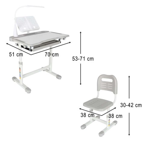 Biurko dziecięce szkolne regulowane krzesło lampka LED USB szare Kik Sp. z o. o. Sp. k.