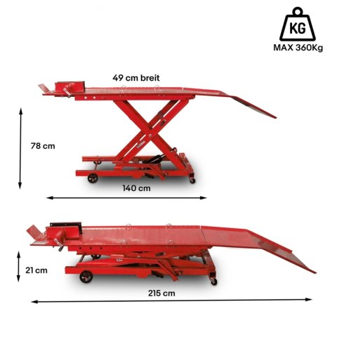 Bituxx Hydrauliczny Podnośnik Nożycowy do Motocykli 360 kg 210-780 mm z Rampą