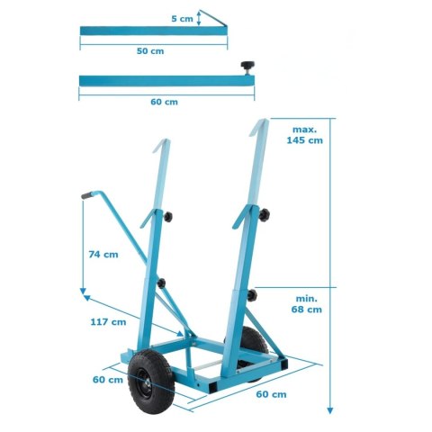 Bituxx Wózek do płyt regulowany stalowy niebieski 200kg pneumatyczne koła