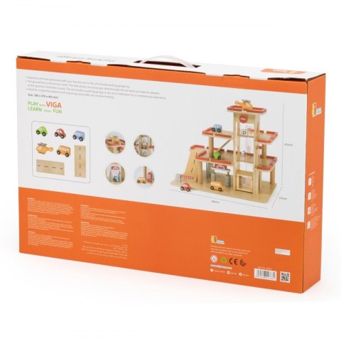 Viga Toys VIGA Drewniany Parking dla Samochodzików z Windą 4 Autka Helikopter