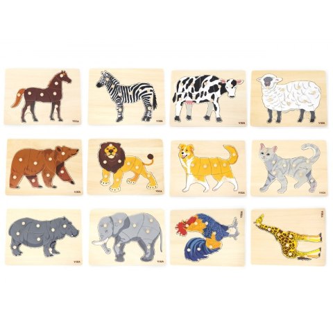Viga Toys VIGA Zestaw Puzzle Drewniane 12 Układanek Zwierzątka Montessori + Stojak