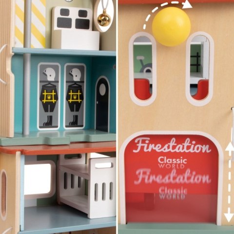 Classic World CLASSIC WORLD Remiza Strażacka Drewniana Garaż Auto Helikopter Figurki 13el.