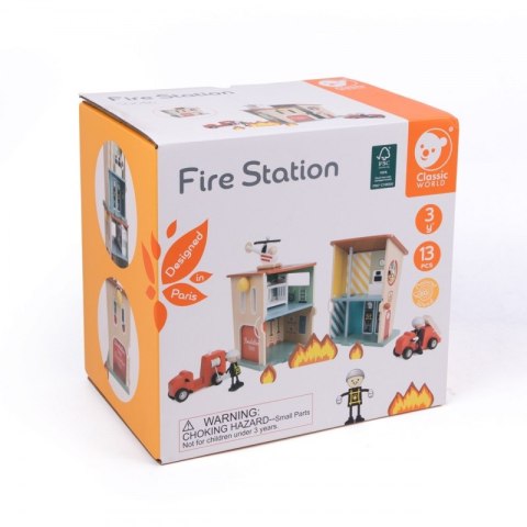 Classic World CLASSIC WORLD Remiza Strażacka Drewniana Garaż Auto Helikopter Figurki 13el.