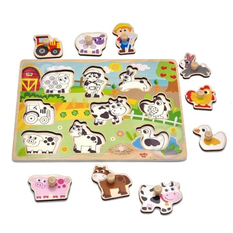 TOOKY TOY Drewniane Puzzle Montessori Farma z Pinezkami Do Dopasowania TOOKY TOY Drewniane Puzzle Montessori Farma z Pinezkami Do Dopasowania